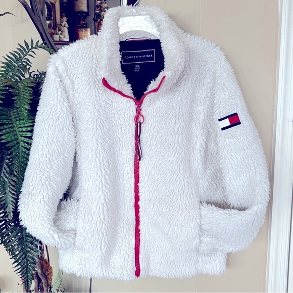 Tommy Hilfiger White Sherpa Zippered Teddy Jacket 90s Y2K Fuzzy Coat Preppy - Picture 1 of 13